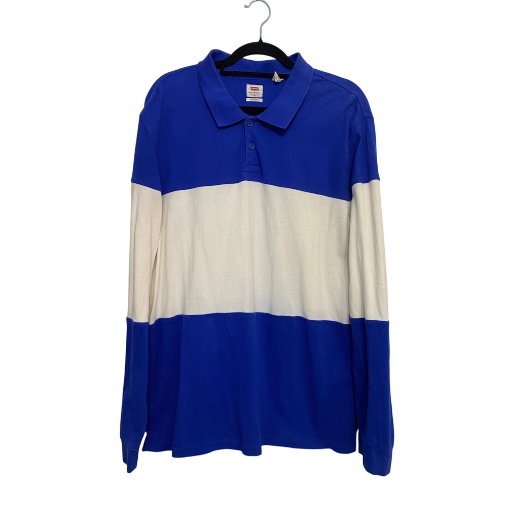 Levi's Men XL Rugby Shirt Long Sleeve Blue White Relaxed Fit Casual Collegiate